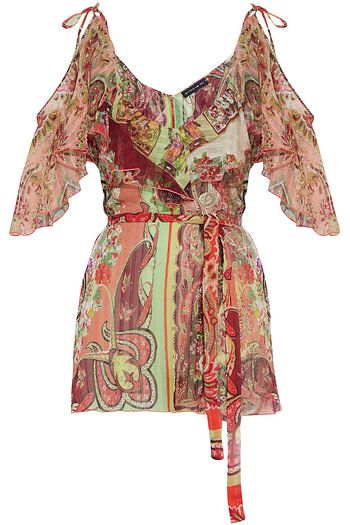 ETRO Cold-shoulder ruffled printed silk-crepon top