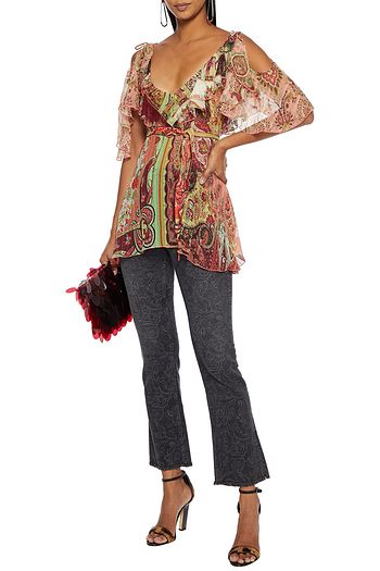 ETRO Cold-shoulder ruffled printed silk-crepon top