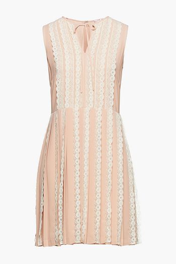 REDVALENTINO Lace-trimmed pleated georgette mini dress