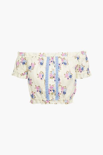 PALOMA BLUE Harley off-the-shoulder cropped floral-print linen top