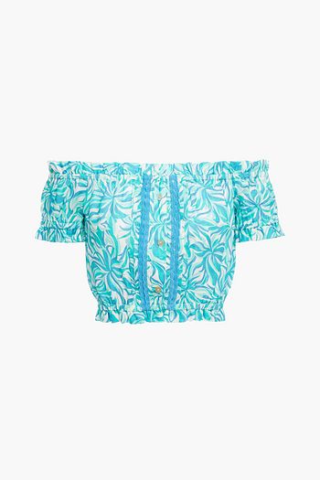 PALOMA BLUE Harley off-the-shoulder cropped printed linen top