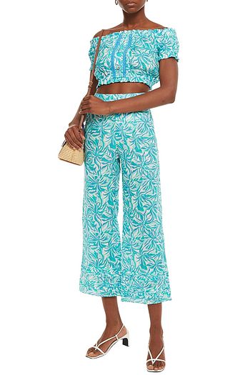 PALOMA BLUE Harley off-the-shoulder cropped printed linen top