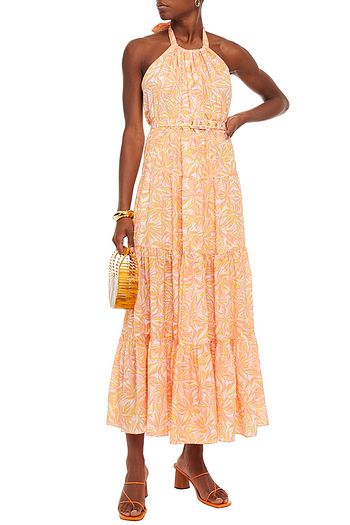 PALOMA BLUE Octavia belted tiered printed crepe de chine halterneck maxi dress