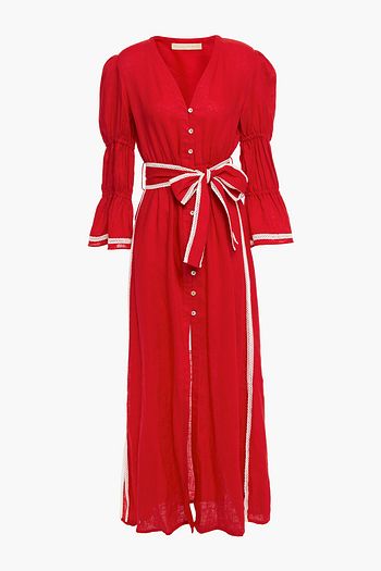 PALOMA BLUE Meredith belted crochet-trimmed linen midi dress