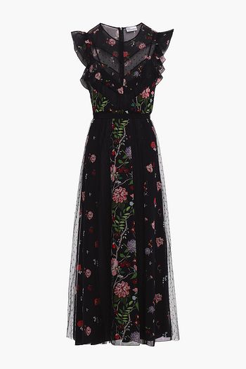 REDVALENTINO Paneled printed crepe de chine and point d'esprit midi dress