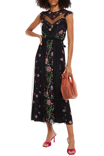 REDVALENTINO Paneled printed crepe de chine and point d'esprit midi dress