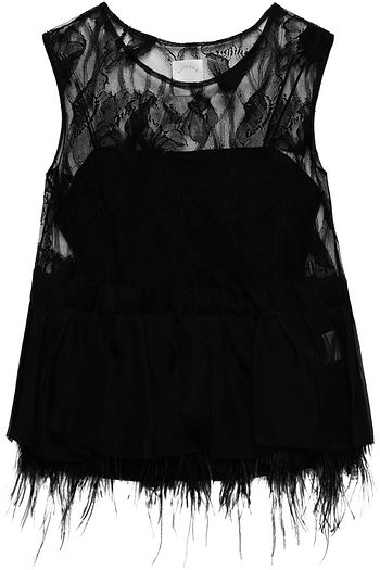 HUISHAN ZHANG Oberteil aus Seidenorganza und Chantilly-Spitze mit Federn