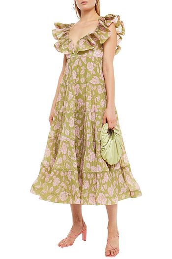 ZIMMERMANN The Lovestruck bedrucktes Midikleid aus Taft mit Rüschen
