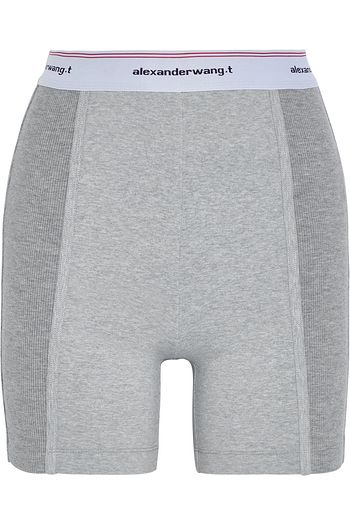 ALEXANDERWANG.T Monogram-trimmed paneled ribbed stretch-cotton jersey shorts