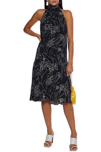 VICTORIA, VICTORIA BECKHAM Tie-neck gathered printed crepe dress