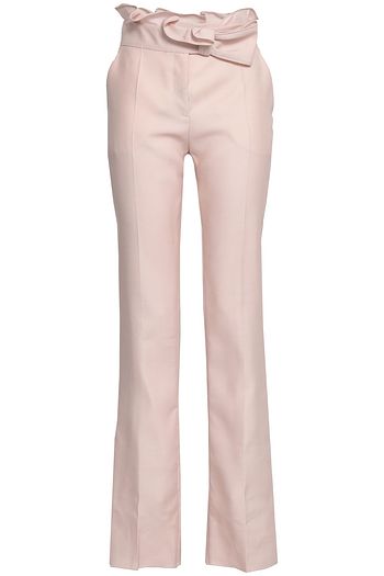 VALENTINO Ruffle-trimmed linen and cotton-blend slim-leg pants