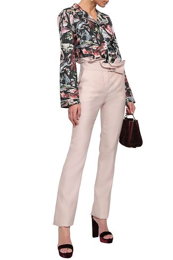 VALENTINO Ruffle-trimmed linen and cotton-blend slim-leg pants