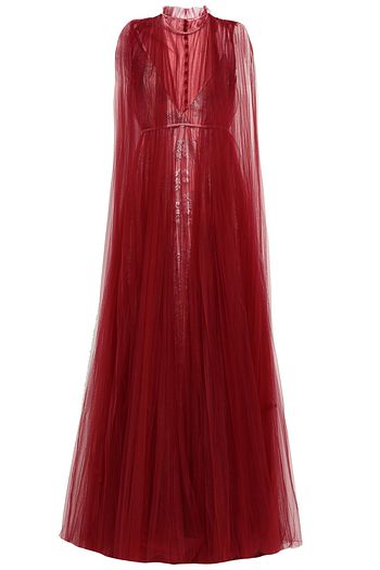 VALENTINO Velvet-trimmed draped tulle and corded lace gown