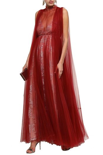 VALENTINO Velvet-trimmed draped tulle and corded lace gown