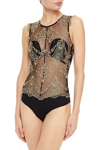 I.D. SARRIERI Le Désir open-back metallic embroidered tulle bodysuit