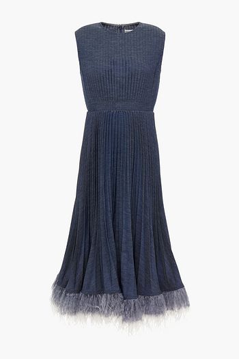 HUISHAN ZHANG Jane feather-trimmed pleated denim midi dress