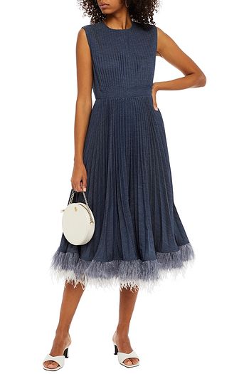 HUISHAN ZHANG Jane feather-trimmed pleated denim midi dress