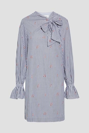 VICTORIA, VICTORIA BECKHAM Bow-embellished striped cotton-jacquard mini dress