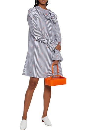VICTORIA, VICTORIA BECKHAM Bow-embellished striped cotton-jacquard mini dress
