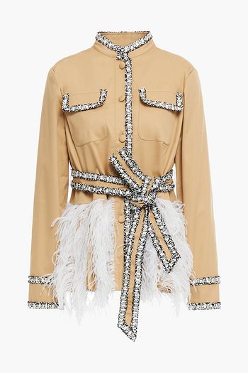 HUISHAN ZHANG Belted feather-embellished pleated cotton-blend twill jacket