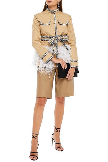HUISHAN ZHANG Belted feather-embellished pleated cotton-blend twill jacket