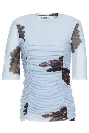GANNI Oberteil aus Stretch-Mesh mit floralem Print und Raffungen