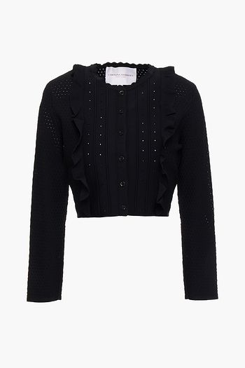 CAROLINA HERRERA Cropped ruffled paneled stretch-knit cardigan