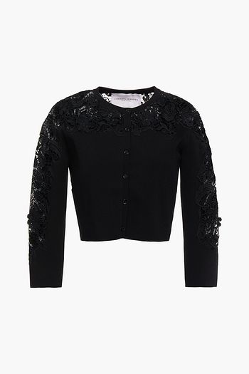 CAROLINA HERRERA Cropped paneled stretch-knit and guipure lace cardigan