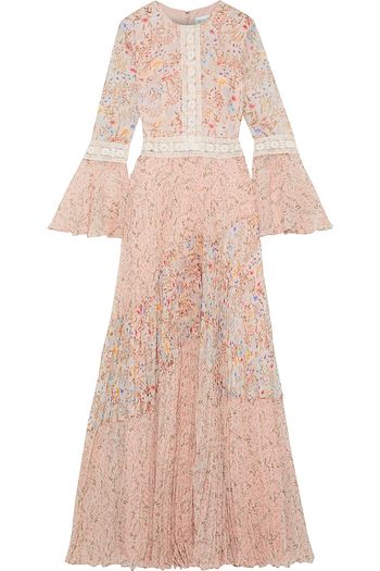 MIKAEL AGHAL Pleated lace-trimmed floral-print chiffon gown