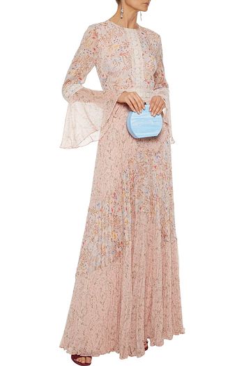 MIKAEL AGHAL Pleated lace-trimmed floral-print chiffon gown