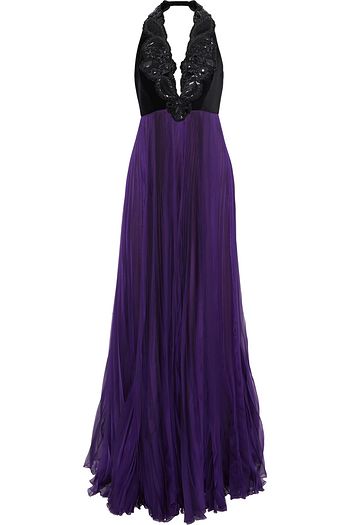 ANDREW GN Embellished velvet and pleated chiffon halterneck gown