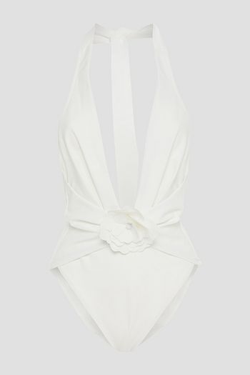 ZIMMERMANN Floral-appliquéd pleated halterneck swimsuit
