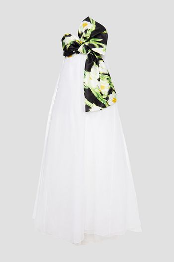 CAROLINA HERRERA Strapless knotted duchesse satin-paneled silk-organza gown