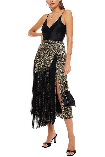 JONATHAN SIMKHAI Asymmetric wrap-effect fringed printed satin-twill midi skirt