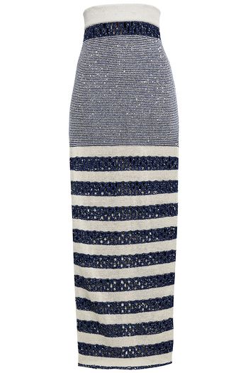 BALMAIN Verzierter Maxirock aus Loch- und Stretch-Strick in Metallic-Optik mit Streifen