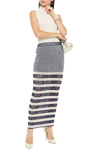 BALMAIN Verzierter Maxirock aus Loch- und Stretch-Strick in Metallic-Optik mit Streifen
