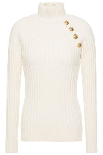 BALMAIN Embellished ribbed cotton-blend turtleneck sweater