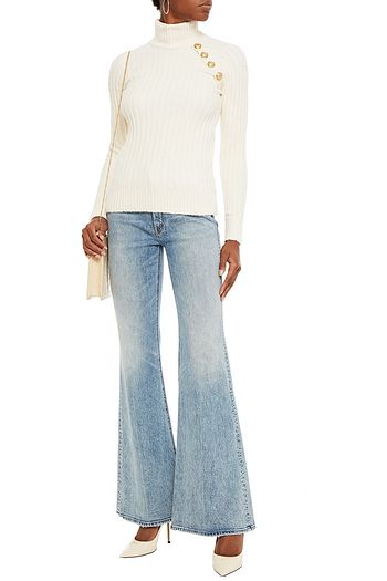 BALMAIN Embellished ribbed cotton-blend turtleneck sweater
