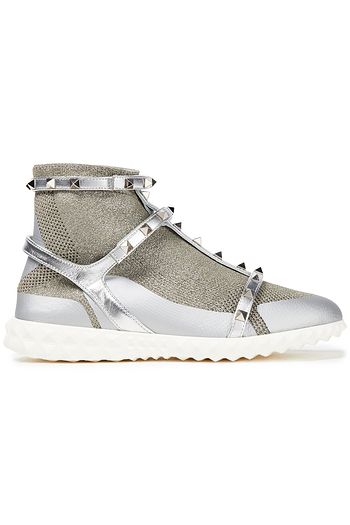 VALENTINO GARAVANI Rockstud Bodytech High-Top-Sneakers aus Metallic-Leder und Stretch-Strick