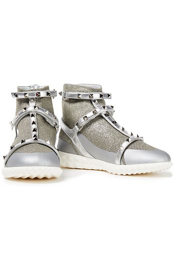 VALENTINO GARAVANI Rockstud Bodytech High-Top-Sneakers aus Metallic-Leder und Stretch-Strick