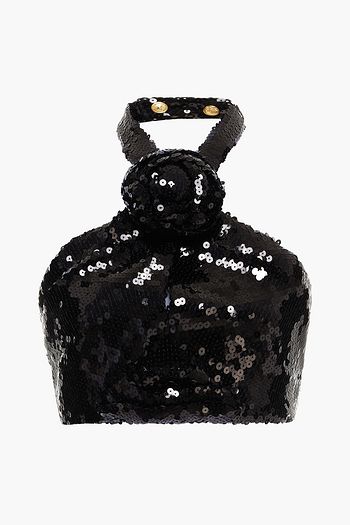 BALMAIN Knotted sequined tulle bra top
