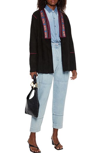 ETRO Velvet-trimmed embroidered suede jacket