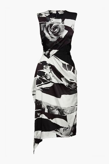 ALEXANDER MCQUEEN Paneled draped floral-print crepe and silk-satin midi dress