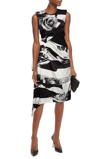 ALEXANDER MCQUEEN Paneled draped floral-print crepe and silk-satin midi dress