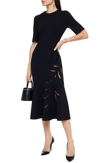 OSCAR DE LA RENTA Floral appliquéd tulle-trimmed wool-blend midi dress