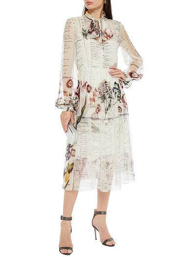 OSCAR DE LA RENTA Pussy-bow pleated printed silk-chiffon midi dress