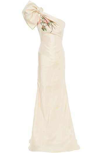 ALEXANDER MCQUEEN One-shoulder bow-embellished embroidered silk-jacquard gown