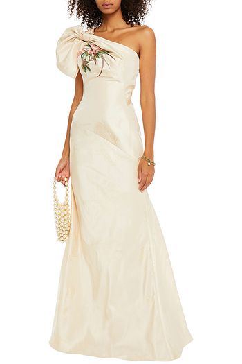 ALEXANDER MCQUEEN One-shoulder bow-embellished embroidered silk-jacquard gown