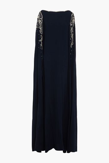 OSCAR DE LA RENTA Cape-back embellished stretch-silk crepe gown