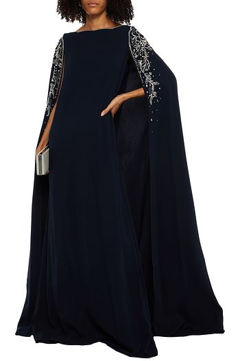 OSCAR DE LA RENTA Cape-back embellished stretch-silk crepe gown